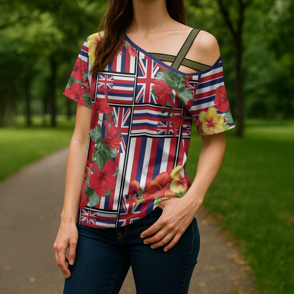 Hawaii Hibiscus Lei Cross Shoulder Shirt Hawaiian Flag Motif LT9 - Polynesian Pride