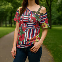 Hawaii Hibiscus Lei Cross Shoulder Shirt Hawaiian Flag Motif LT9 - Polynesian Pride
