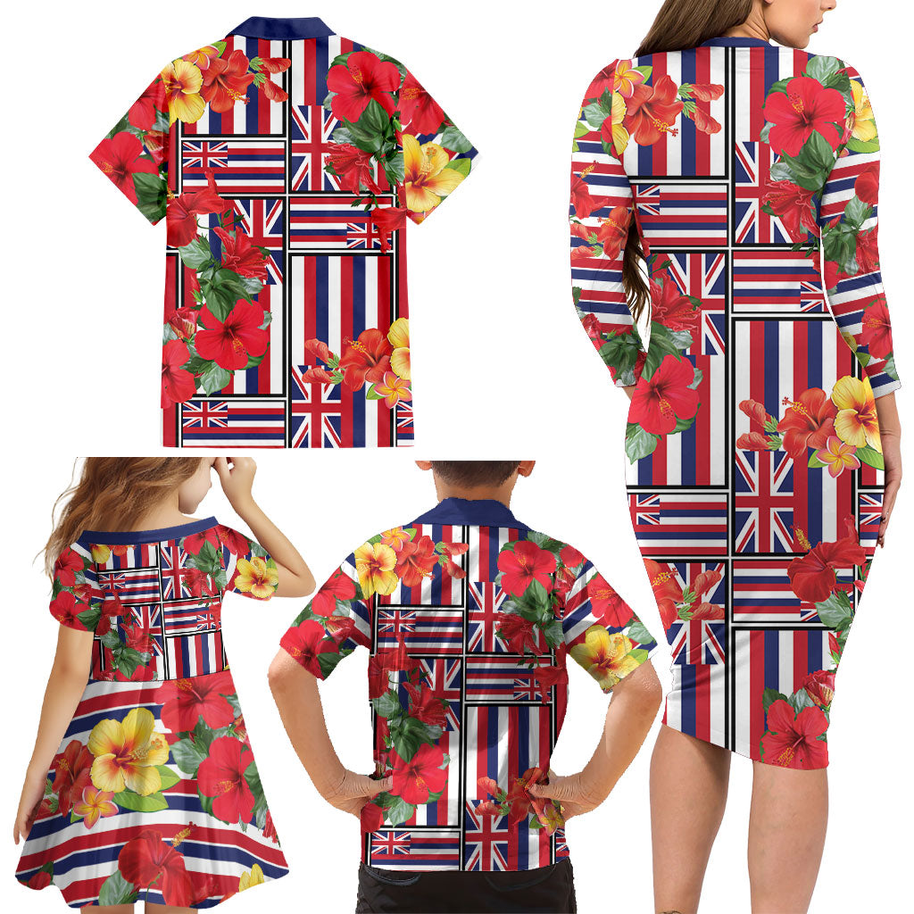 Hawaii Hibiscus Lei Family Matching Long Sleeve Bodycon Dress and Hawaiian Shirt Hawaiian Flag Motif LT9 - Polynesian Pride
