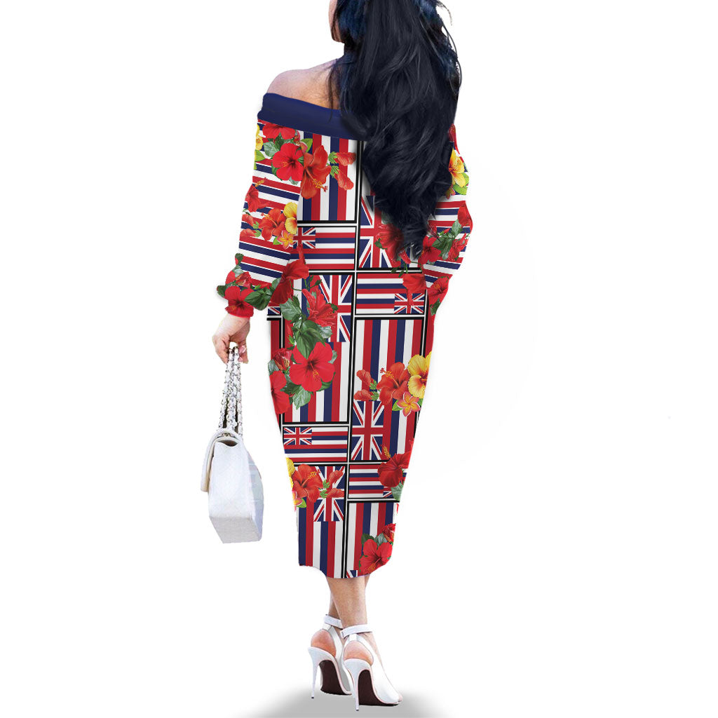Hawaii Hibiscus Lei Family Matching Off The Shoulder Long Sleeve Dress and Hawaiian Shirt Hawaiian Flag Motif LT9 - Polynesian Pride