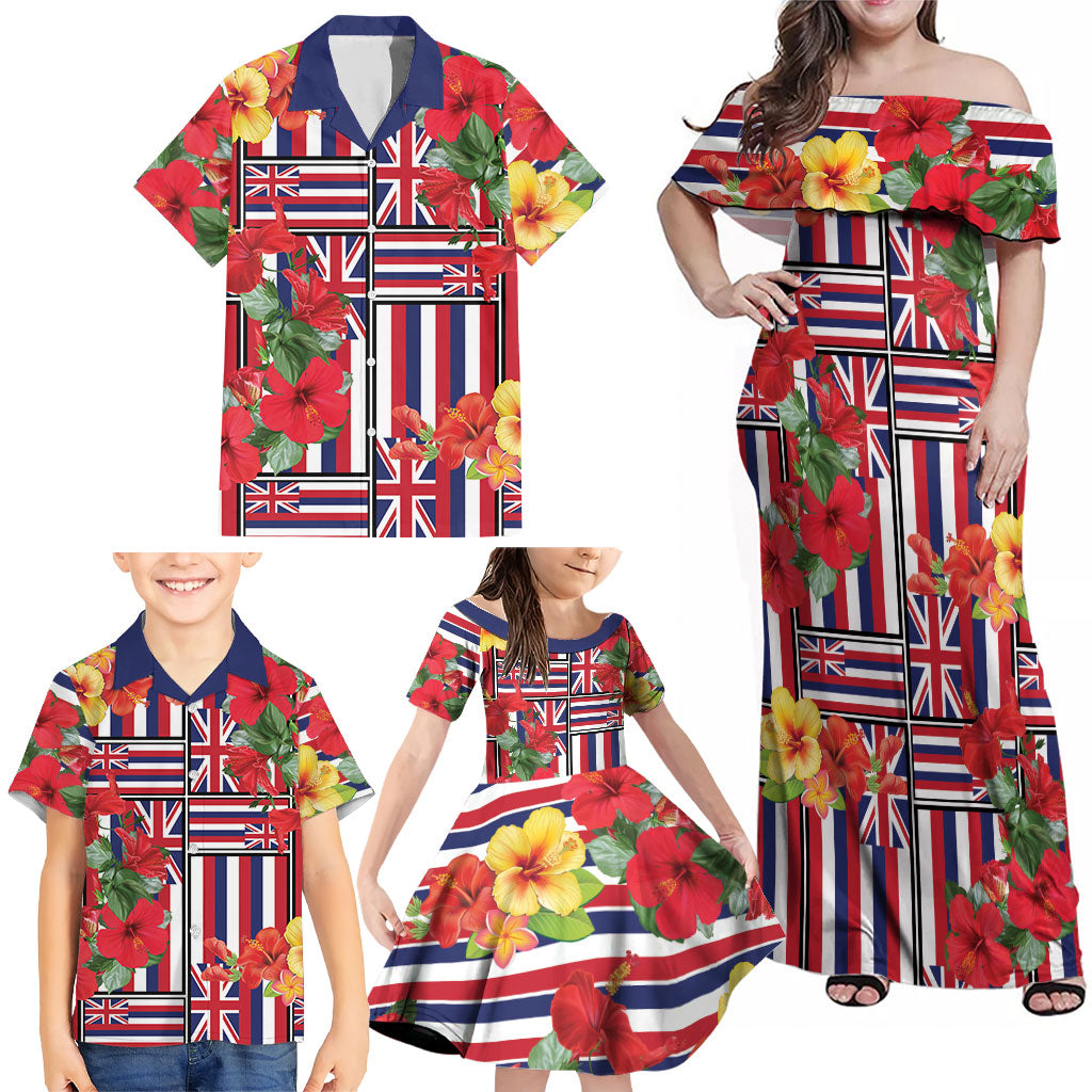 Hawaii Hibiscus Lei Family Matching Off Shoulder Maxi Dress and Hawaiian Shirt Hawaiian Flag Motif LT9 - Polynesian Pride