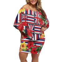 Hawaii Hibiscus Lei Family Matching Off Shoulder Short Dress and Hawaiian Shirt Hawaiian Flag Motif LT9 Mom's Dress Red - Polynesian Pride
