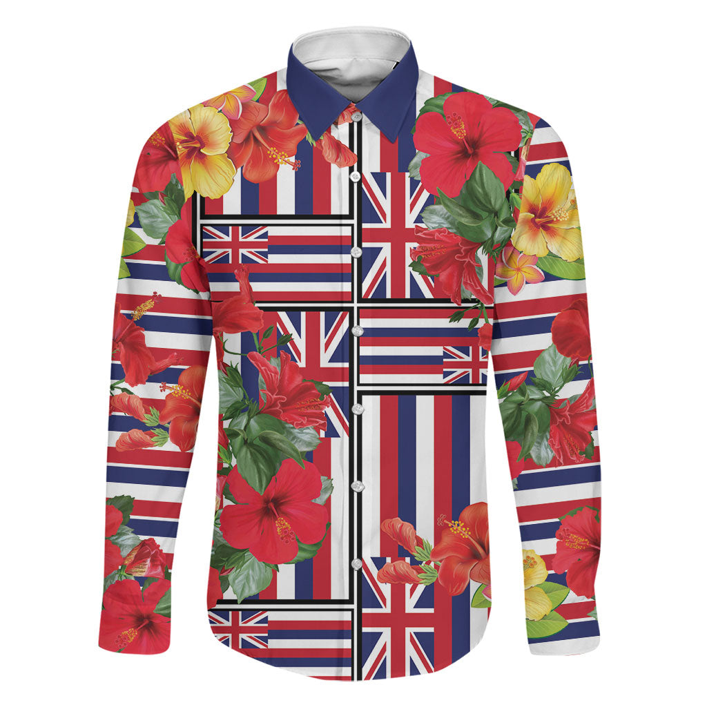 Hawaii Hibiscus Lei Family Matching Puletasi and Hawaiian Shirt Hawaiian Flag Motif LT9 Dad's Shirt - Long Sleeve Red - Polynesian Pride