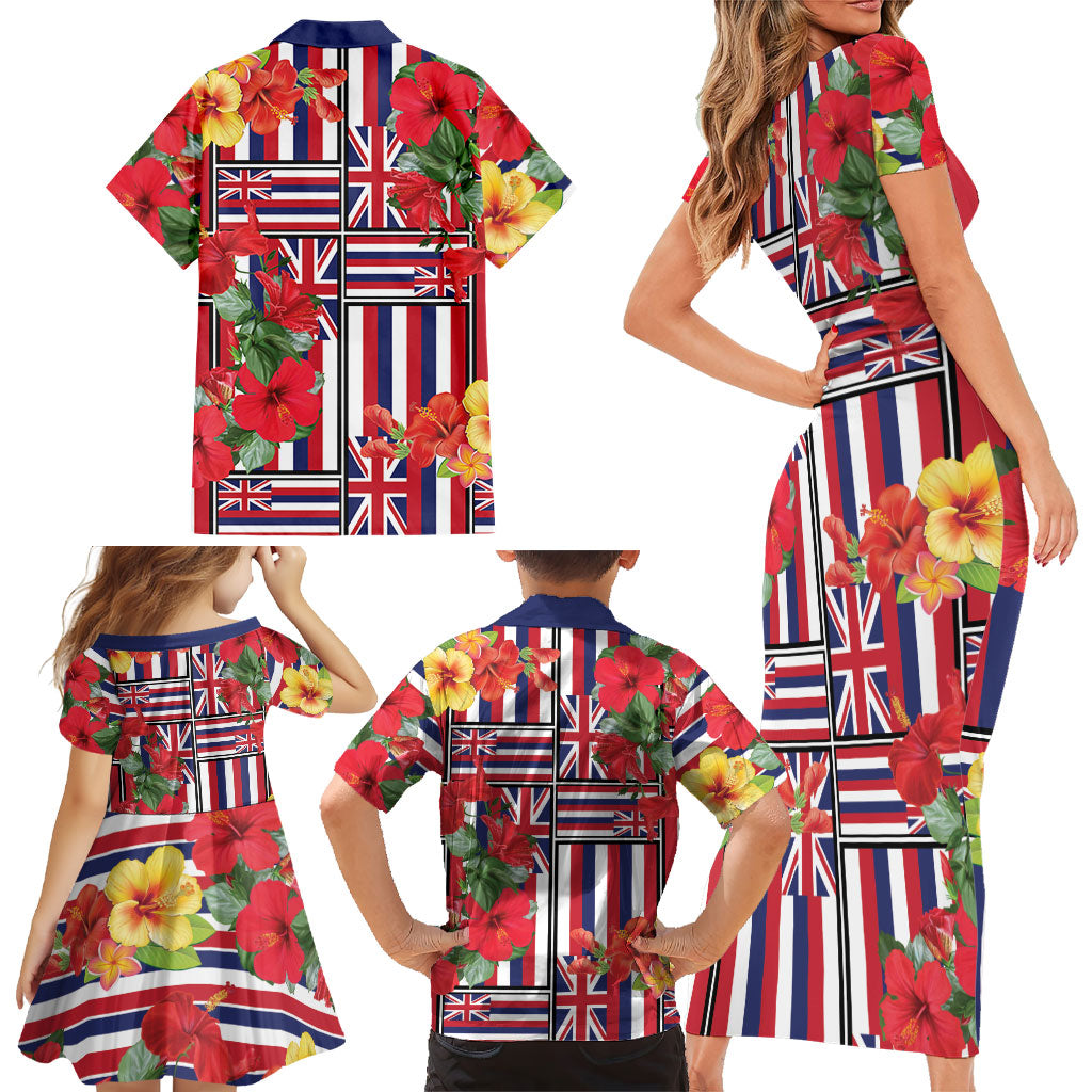 Hawaii Hibiscus Lei Family Matching Short Sleeve Bodycon Dress and Hawaiian Shirt Hawaiian Flag Motif LT9 - Polynesian Pride