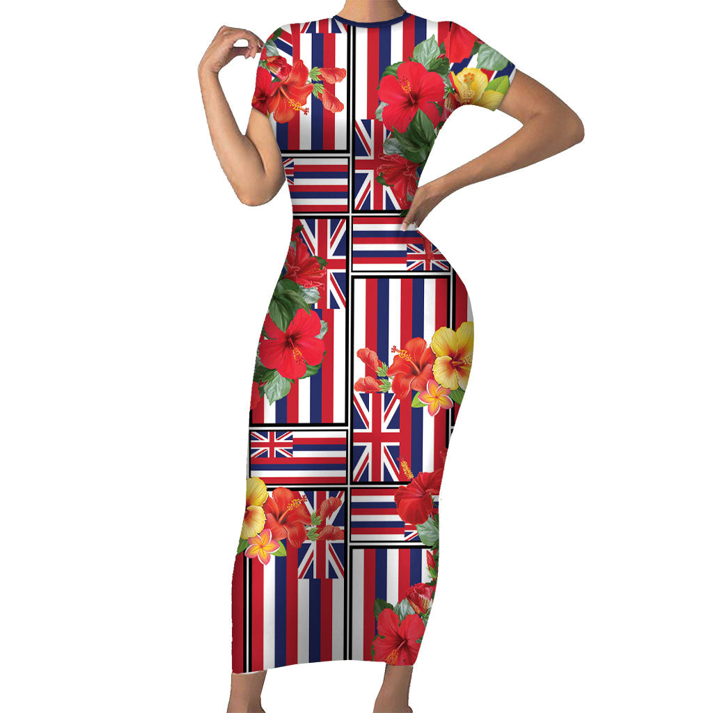 Hawaii Hibiscus Lei Family Matching Short Sleeve Bodycon Dress and Hawaiian Shirt Hawaiian Flag Motif LT9 Mom's Dress Red - Polynesian Pride