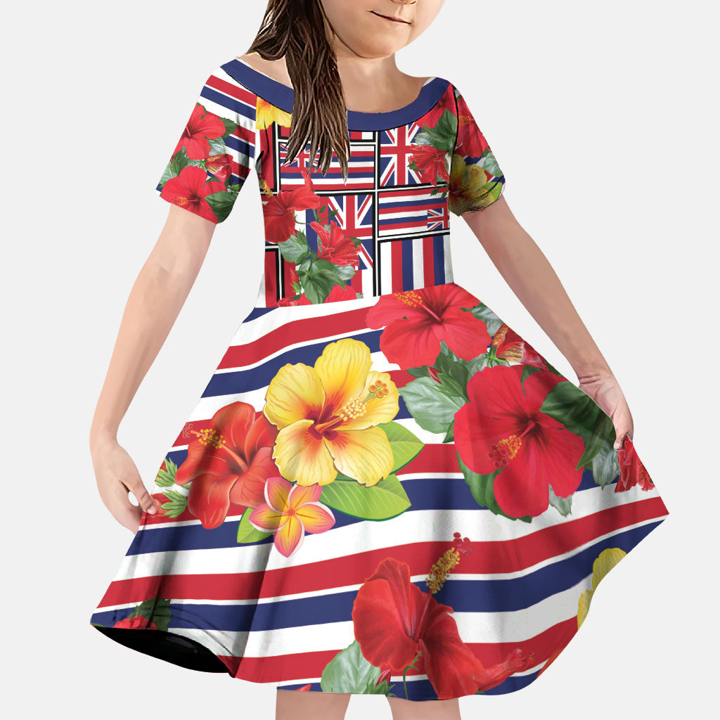 Hawaii Hibiscus Lei Family Matching Summer Maxi Dress and Hawaiian Shirt Hawaiian Flag Motif LT9 Daughter's Dress Red - Polynesian Pride