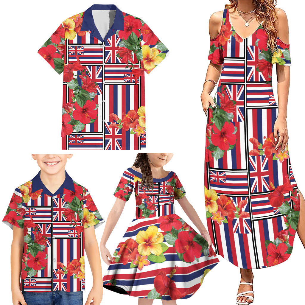 Hawaii Hibiscus Lei Family Matching Summer Maxi Dress and Hawaiian Shirt Hawaiian Flag Motif