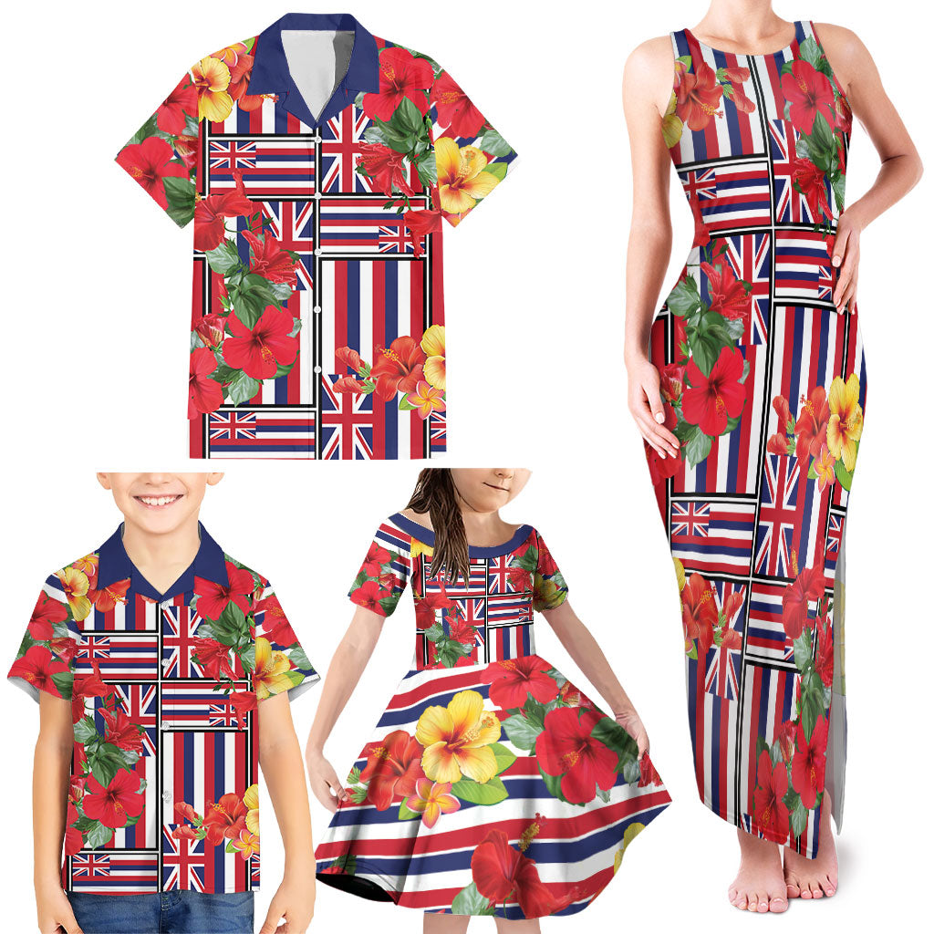 Hawaii Hibiscus Lei Family Matching Tank Maxi Dress and Hawaiian Shirt Hawaiian Flag Motif