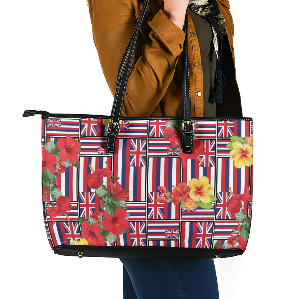 Hawaii Hibiscus Lei Leather Tote Bag Hawaiian Flag Motif
