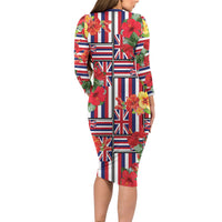 Hawaii Hibiscus Lei Long Sleeve Bodycon Dress Hawaiian Flag Motif