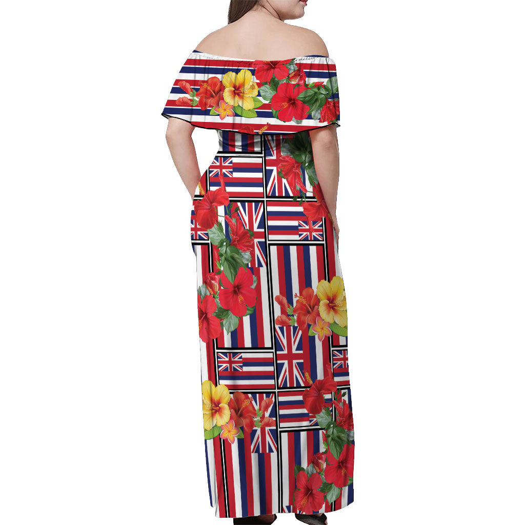 Hawaii Hibiscus Lei Off Shoulder Maxi Dress Hawaiian Flag Motif
