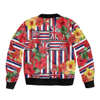 Hawaii Hibiscus Lei Sleeve Zip Bomber Jacket Hawaiian Flag Motif