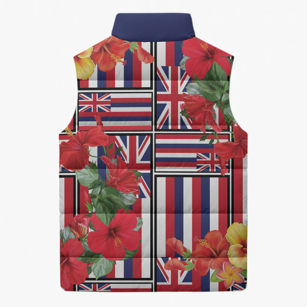Hawaii Hibiscus Lei Sleeveless Puffer Jacket Hawaiian Flag Motif