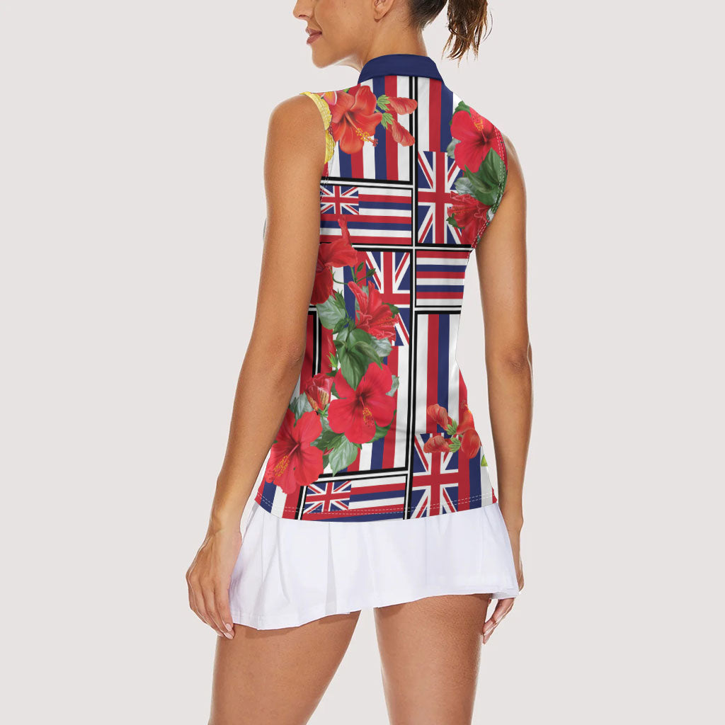 Hawaii Hibiscus Lei Women Sleeveless Polo Shirt Hawaiian Flag Motif LT9 - Polynesian Pride