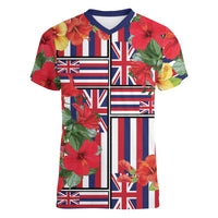 Hawaii Hibiscus Lei Women V-Neck T-Shirt Hawaiian Flag Motif LT9 Female Red - Polynesian Pride