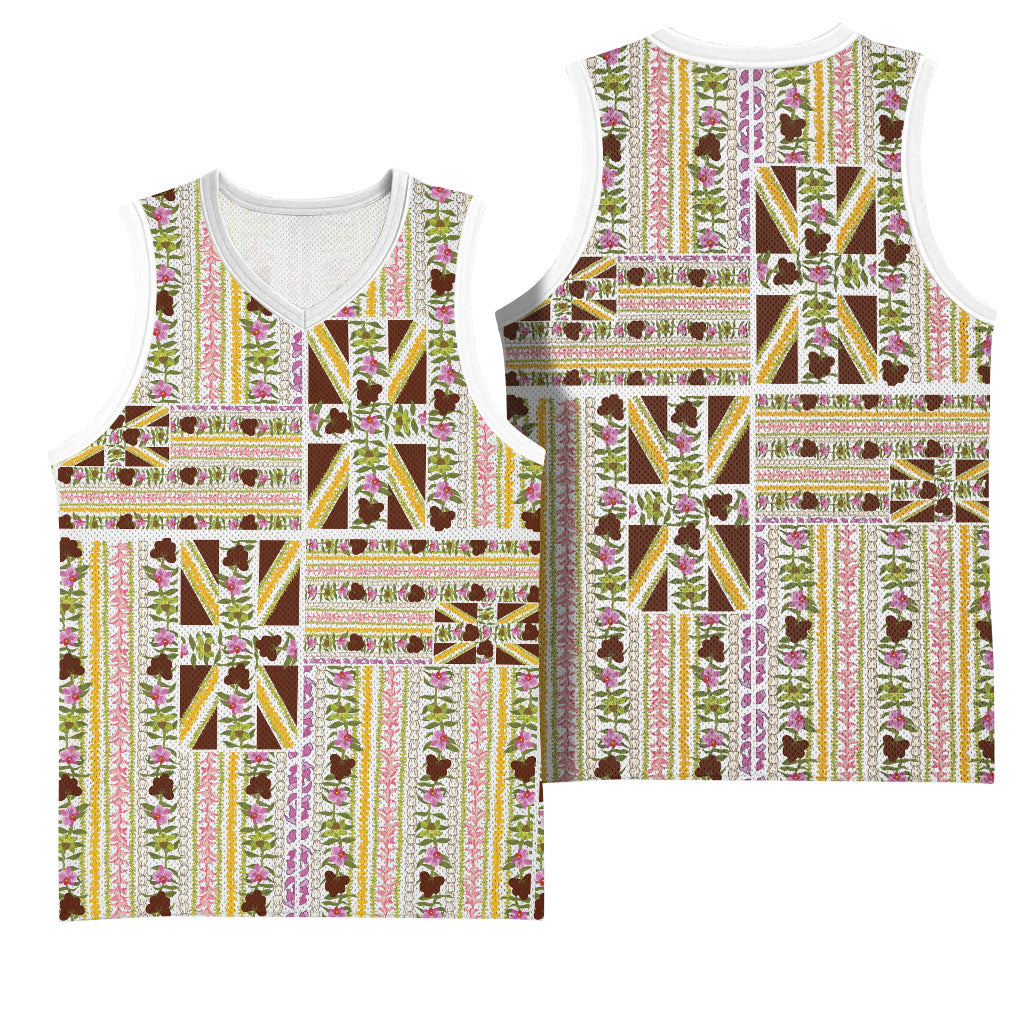 Hawaii Lokelani Pikake Lei Basketball Jersey Hawaiian Flag Motif