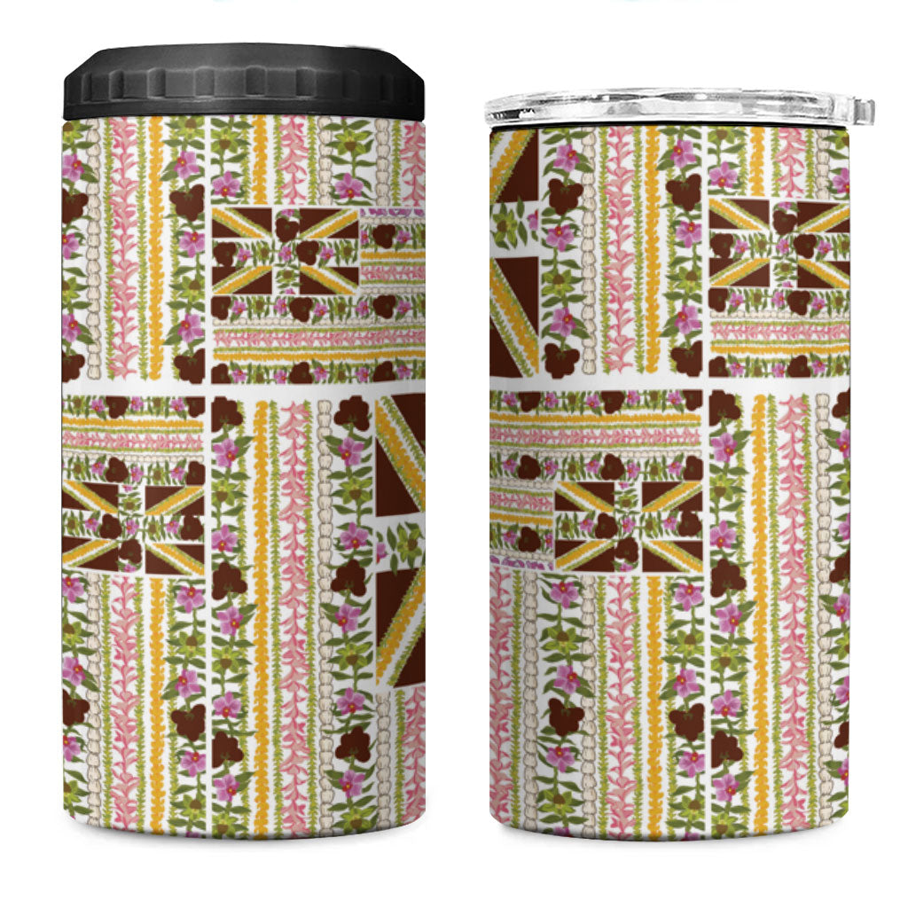 Hawaii Lokelani Pikake Lei 4 in 1 Can Cooler Tumbler Hawaiian Flag Motif LT9 One Size: 16 oz White - Polynesian Pride