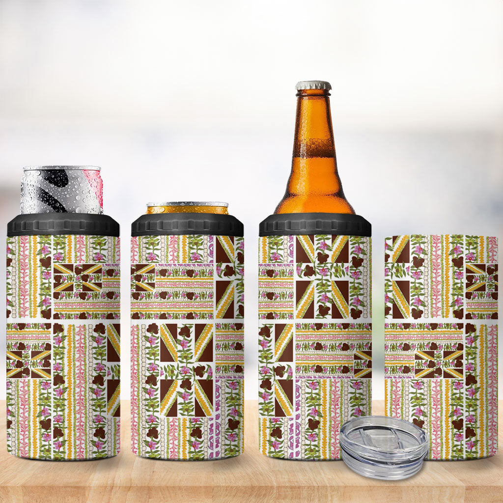 Hawaii Lokelani Pikake Lei 4 in 1 Can Cooler Tumbler Hawaiian Flag Motif LT9 - Polynesian Pride