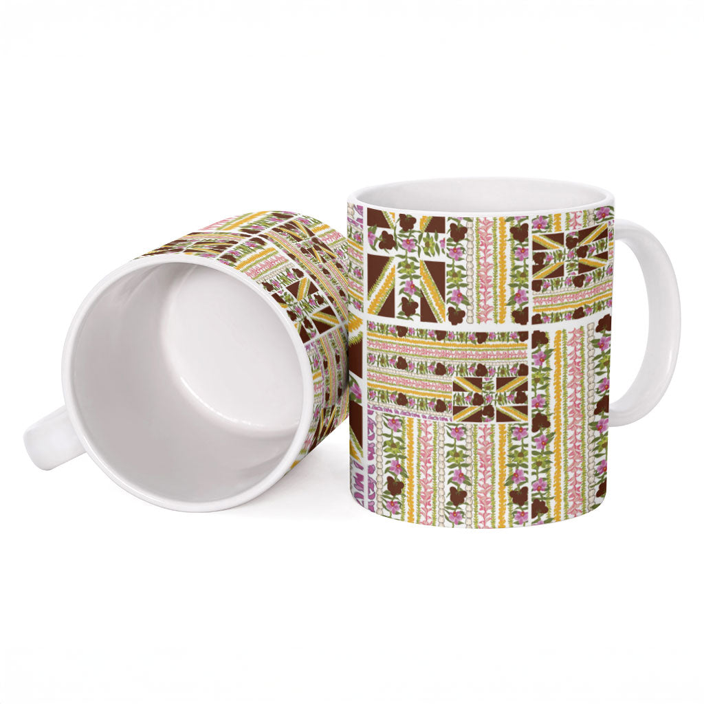 Hawaii Lokelani Pikake Lei Ceramic Mug Hawaiian Flag Motif