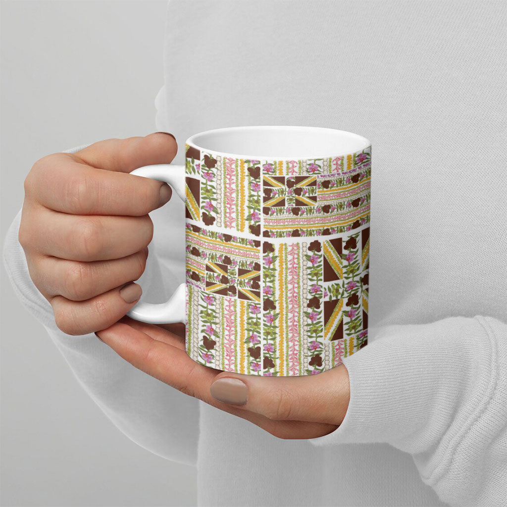 Hawaii Lokelani Pikake Lei Ceramic Mug Hawaiian Flag Motif