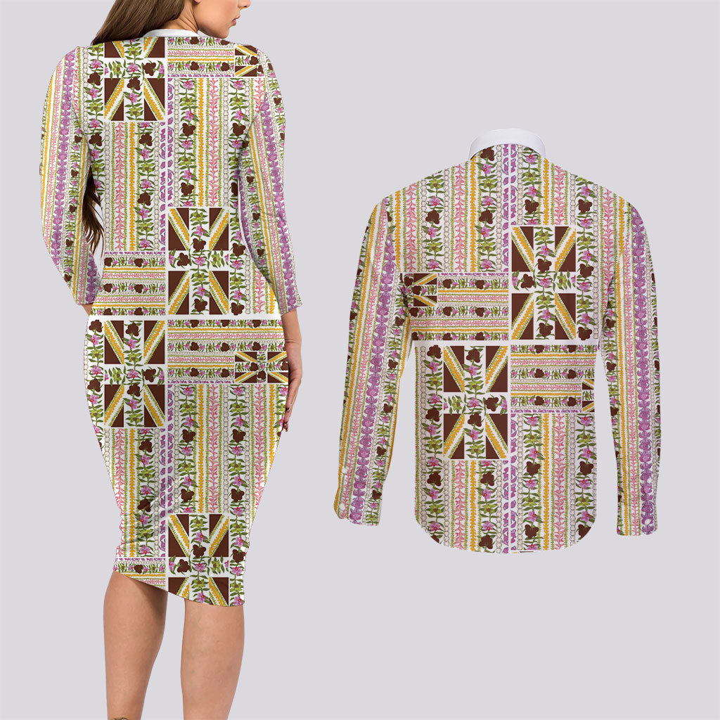 Hawaii Lokelani Pikake Lei Couples Matching Long Sleeve Bodycon Dress and Long Sleeve Button Shirt Hawaiian Flag Motif LT9 - Polynesian Pride