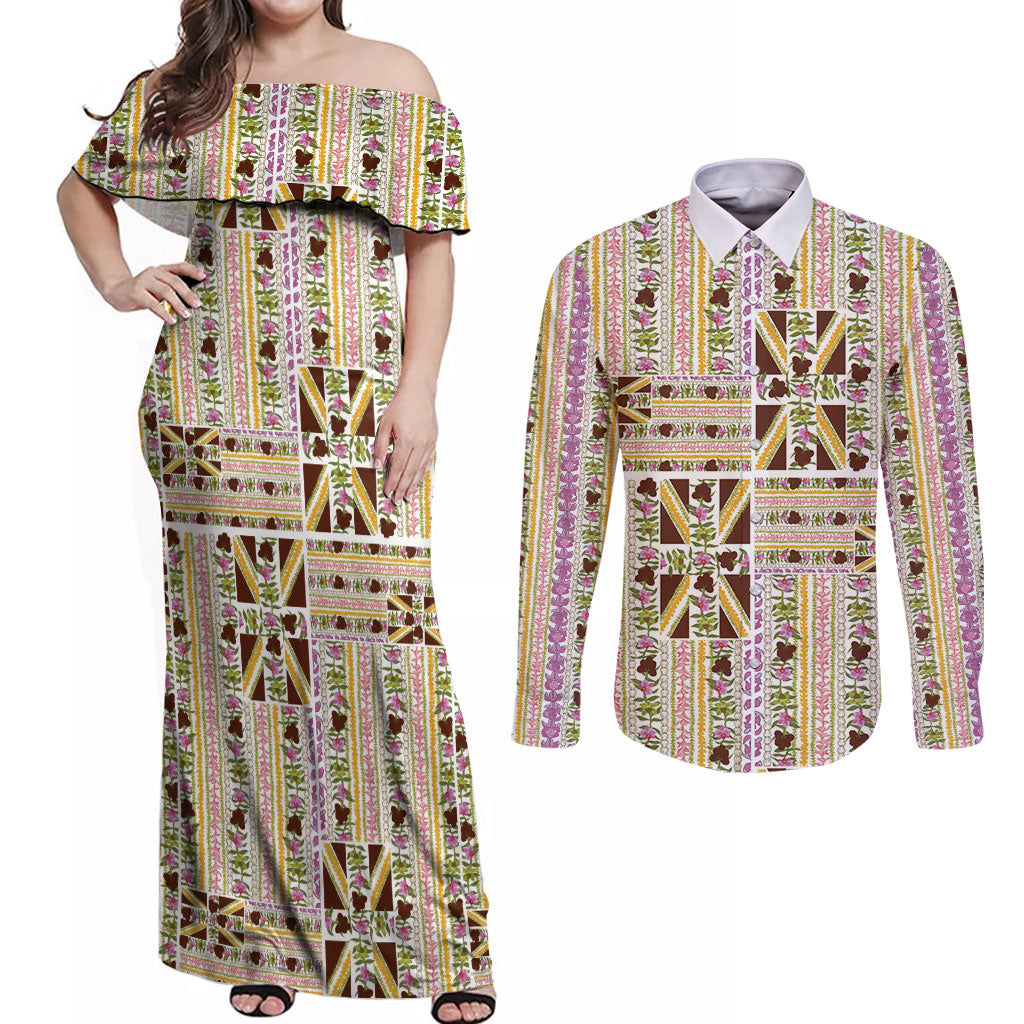Hawaii Lokelani Pikake Lei Couples Matching Off Shoulder Maxi Dress and Long Sleeve Button Shirt Hawaiian Flag Motif