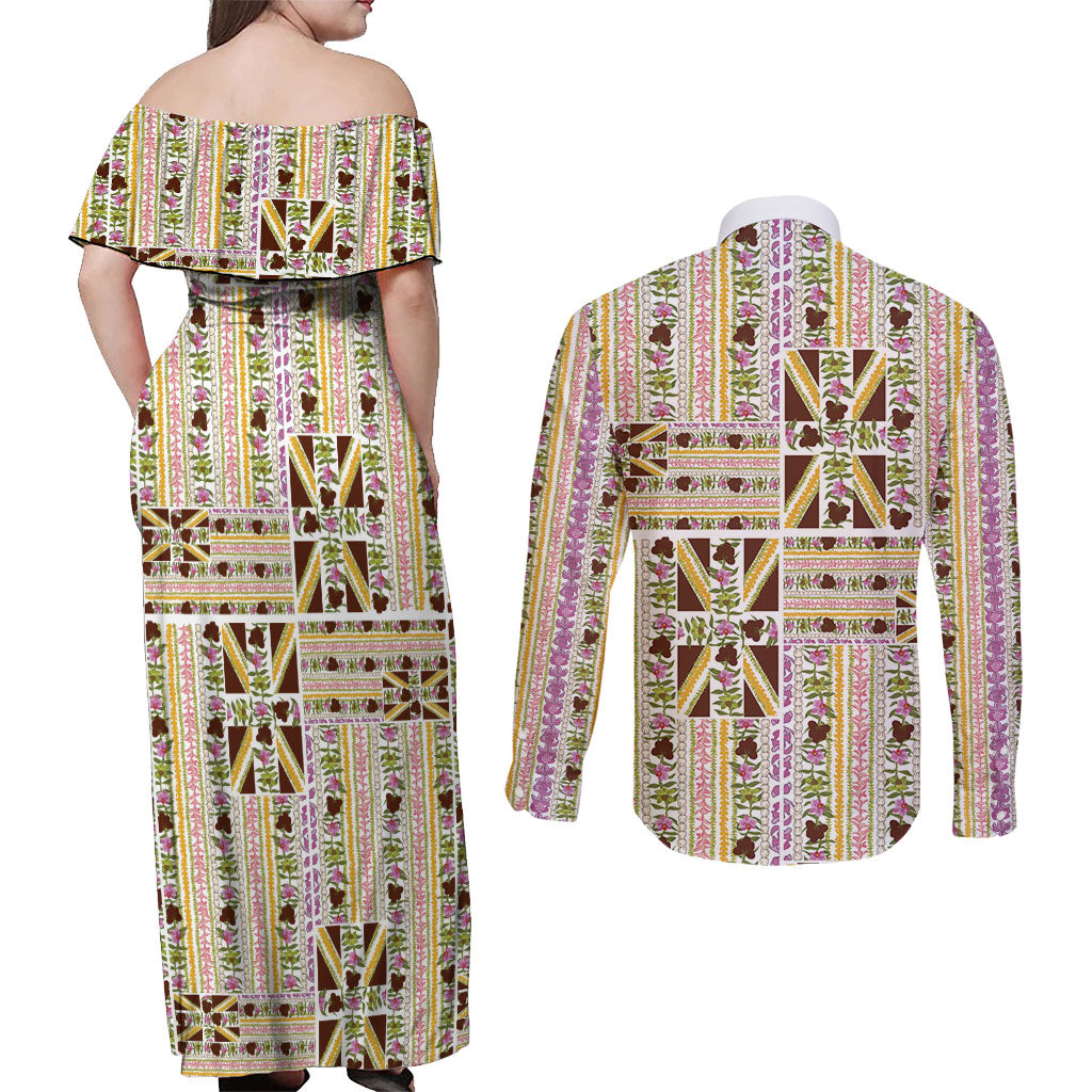 Hawaii Lokelani Pikake Lei Couples Matching Off Shoulder Maxi Dress and Long Sleeve Button Shirt Hawaiian Flag Motif LT9 - Polynesian Pride