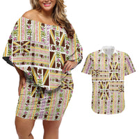Hawaii Lokelani Pikake Lei Couples Matching Off Shoulder Short Dress and Hawaiian Shirt Hawaiian Flag Motif LT9 White - Polynesian Pride