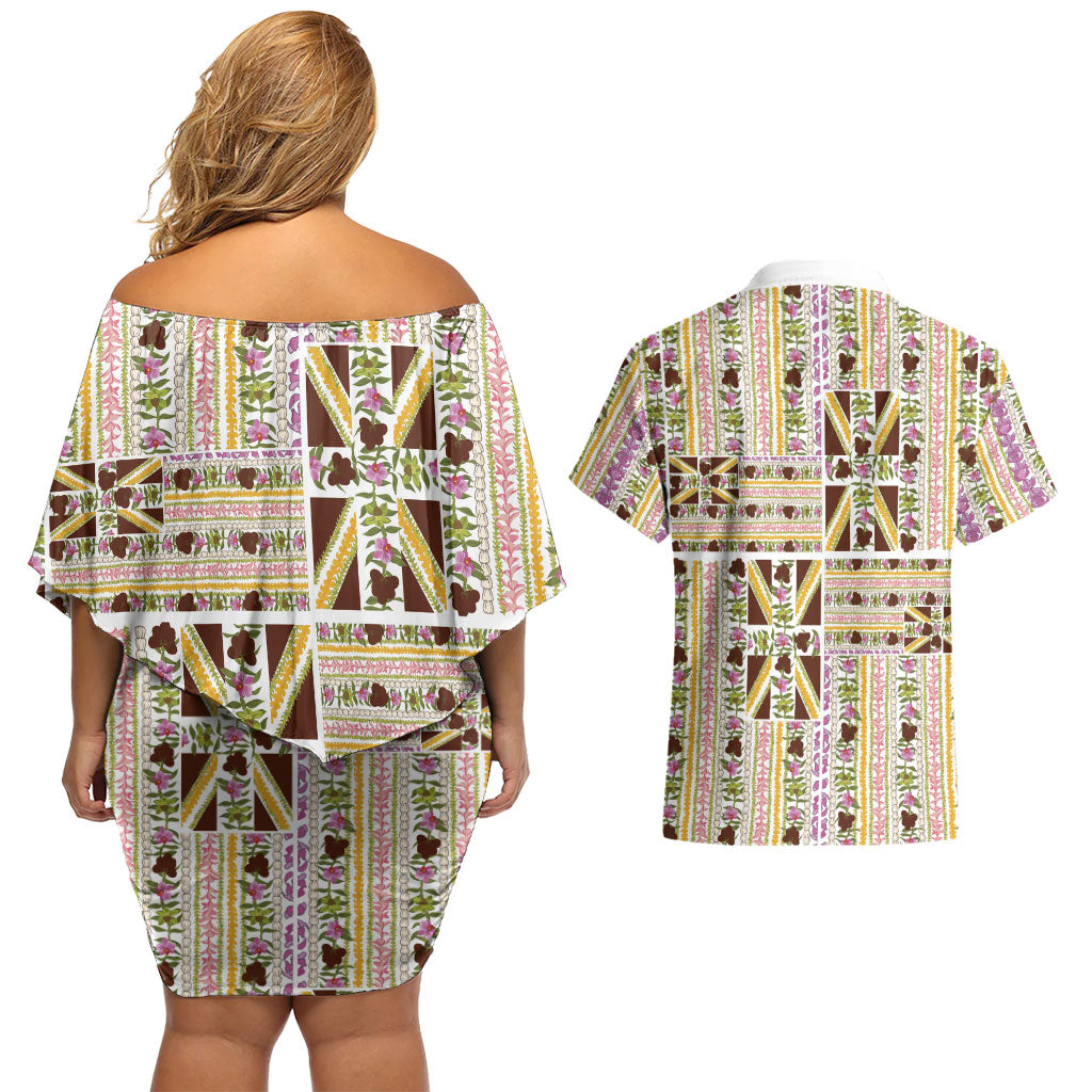 Hawaii Lokelani Pikake Lei Couples Matching Off Shoulder Short Dress and Hawaiian Shirt Hawaiian Flag Motif LT9 - Polynesian Pride