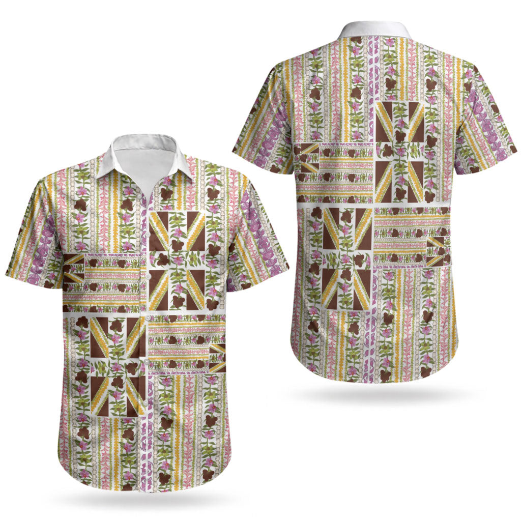 Hawaii Lokelani Pikake Lei Couples Matching Off Shoulder Short Dress and Hawaiian Shirt Hawaiian Flag Motif LT9 - Polynesian Pride