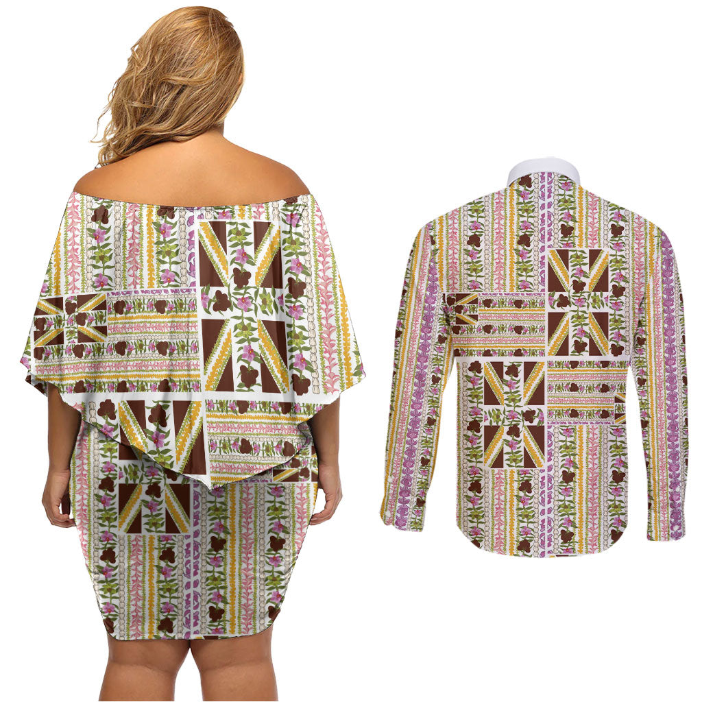 Hawaii Lokelani Pikake Lei Couples Matching Off Shoulder Short Dress and Long Sleeve Button Shirt Hawaiian Flag Motif LT9 - Polynesian Pride