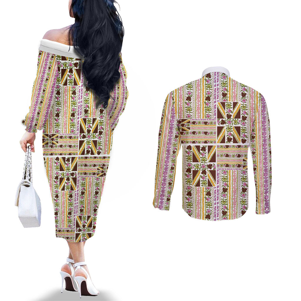 Hawaii Lokelani Pikake Lei Couples Matching Off The Shoulder Long Sleeve Dress and Long Sleeve Button Shirt Hawaiian Flag Motif LT9 - Polynesian Pride