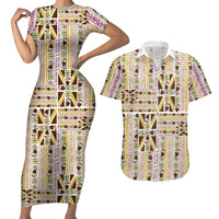 Hawaii Lokelani Pikake Lei Couples Matching Short Sleeve Bodycon Dress and Hawaiian Shirt Hawaiian Flag Motif LT9 White - Polynesian Pride