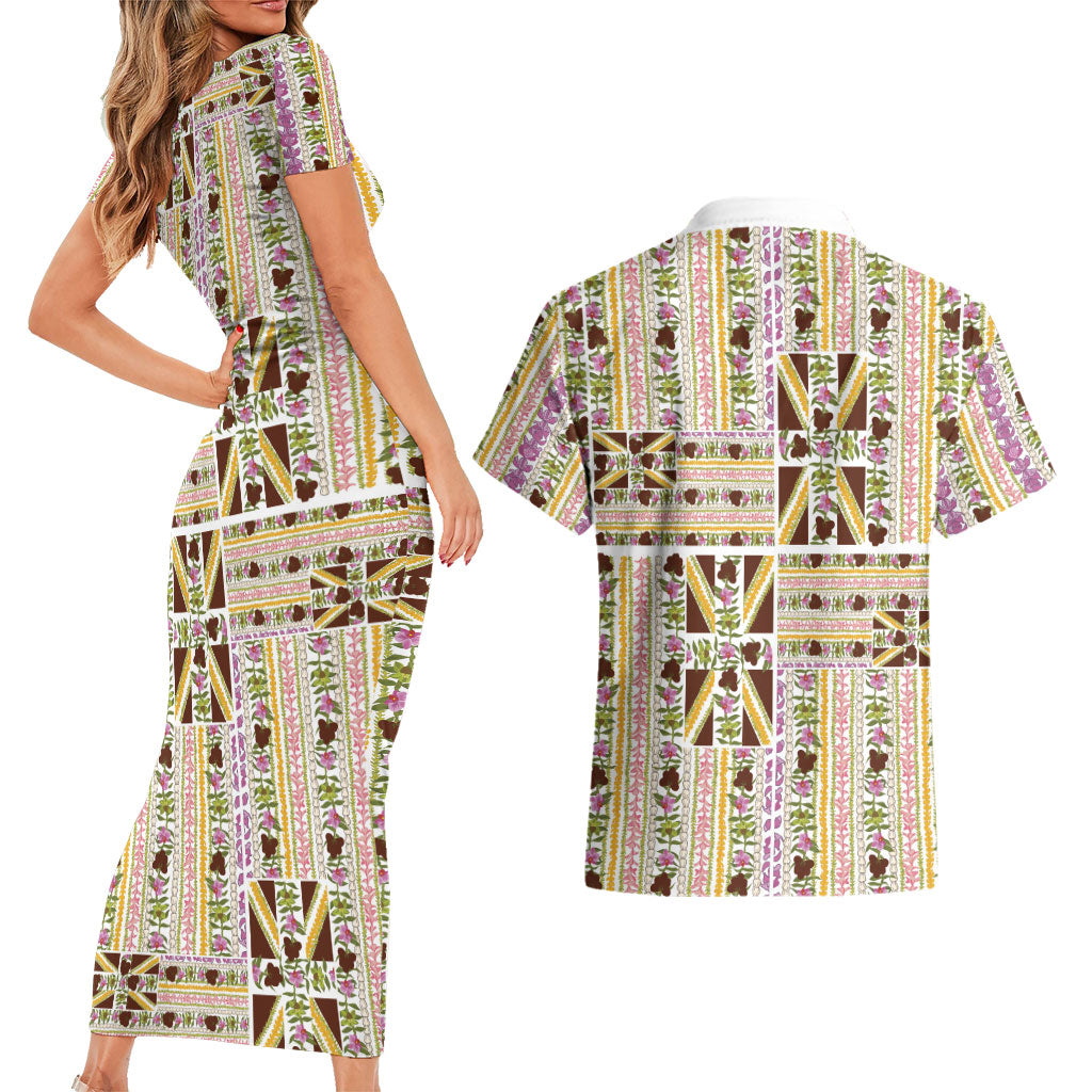 Hawaii Lokelani Pikake Lei Couples Matching Short Sleeve Bodycon Dress and Hawaiian Shirt Hawaiian Flag Motif LT9 - Polynesian Pride