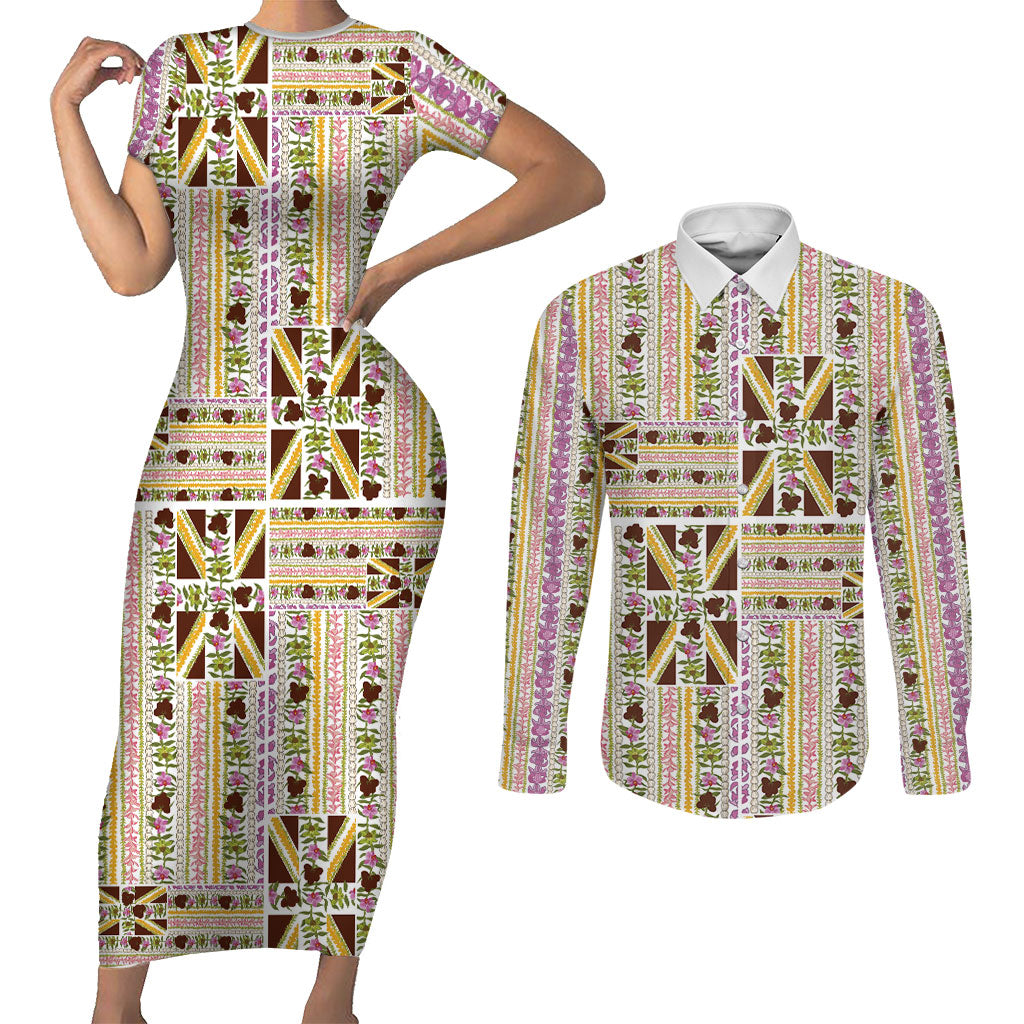 Hawaii Lokelani Pikake Lei Couples Matching Short Sleeve Bodycon Dress and Long Sleeve Button Shirt Hawaiian Flag Motif LT9 White - Polynesian Pride