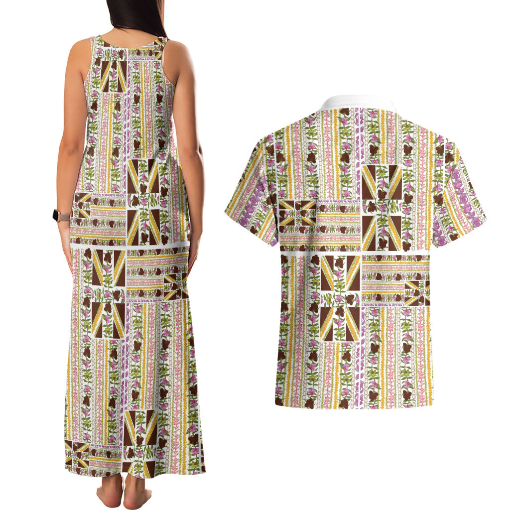 Hawaii Lokelani Pikake Lei Couples Matching Tank Maxi Dress and Hawaiian Shirt Hawaiian Flag Motif LT9 - Polynesian Pride
