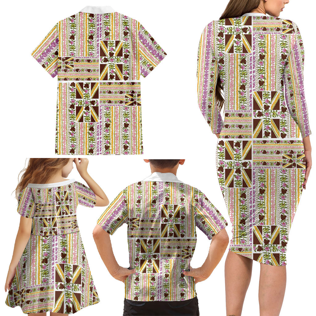 Hawaii Lokelani Pikake Lei Family Matching Long Sleeve Bodycon Dress and Hawaiian Shirt Hawaiian Flag Motif LT9 - Polynesian Pride