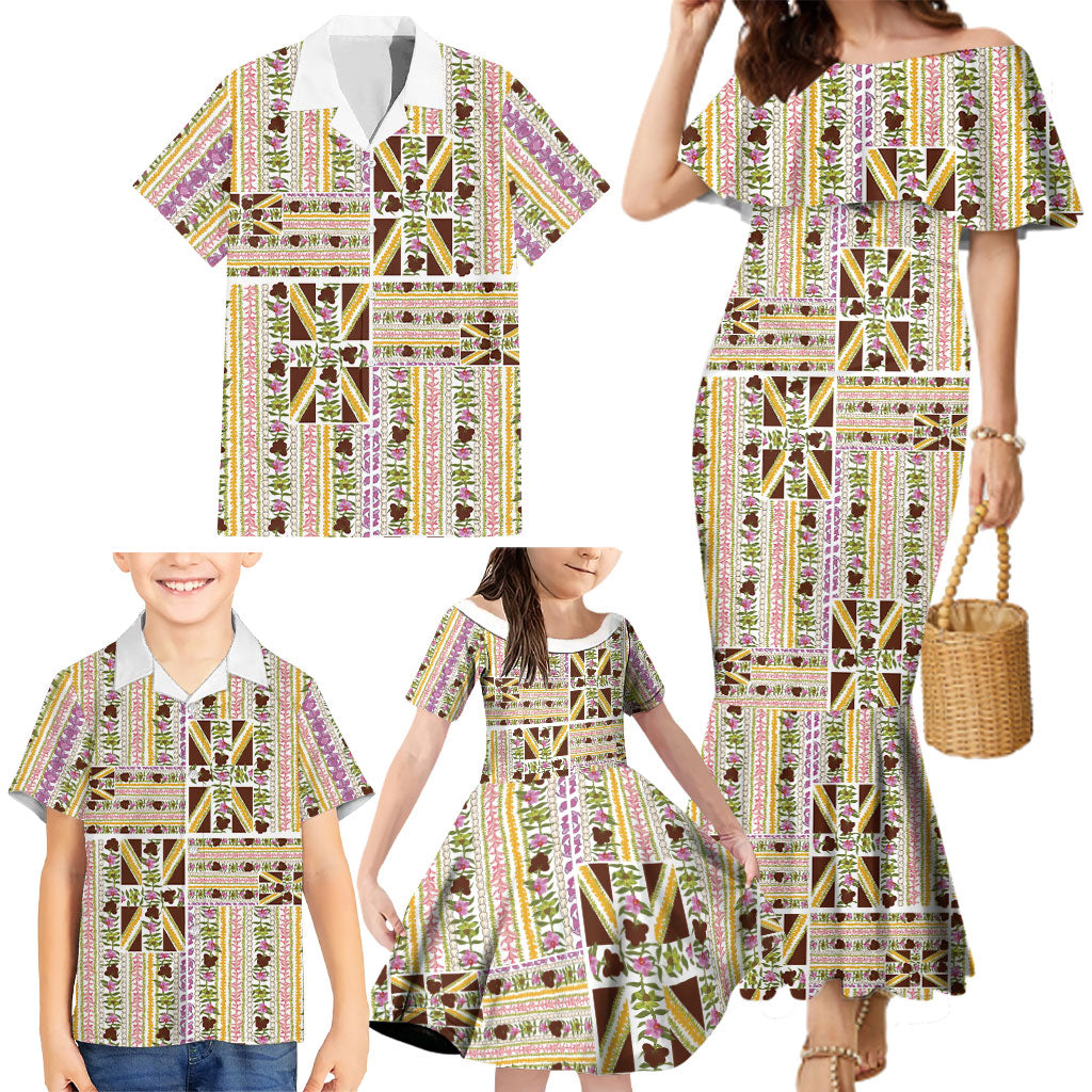 Hawaii Lokelani Pikake Lei Family Matching Mermaid Dress and Hawaiian Shirt Hawaiian Flag Motif