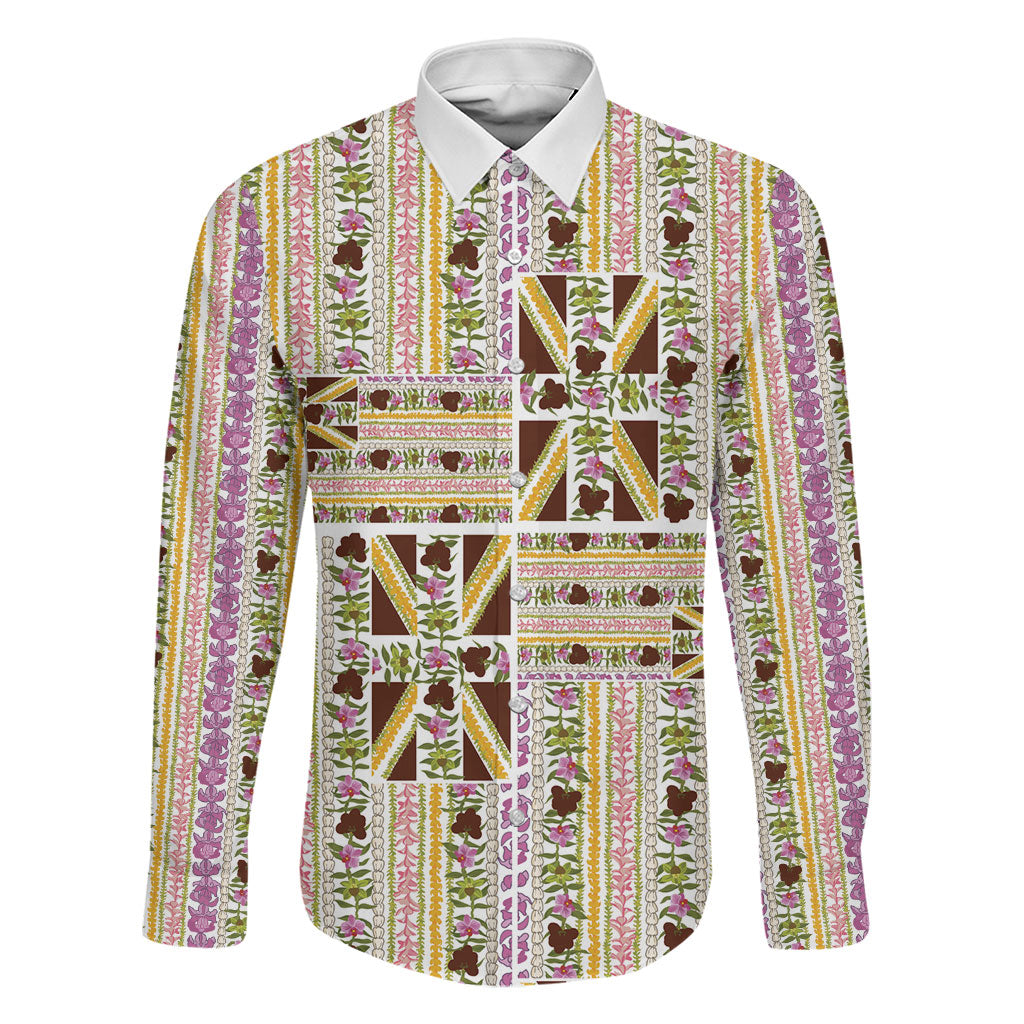 Hawaii Lokelani Pikake Lei Family Matching Off Shoulder Maxi Dress and Hawaiian Shirt Hawaiian Flag Motif LT9 Dad's Shirt - Long Sleeve White - Polynesian Pride