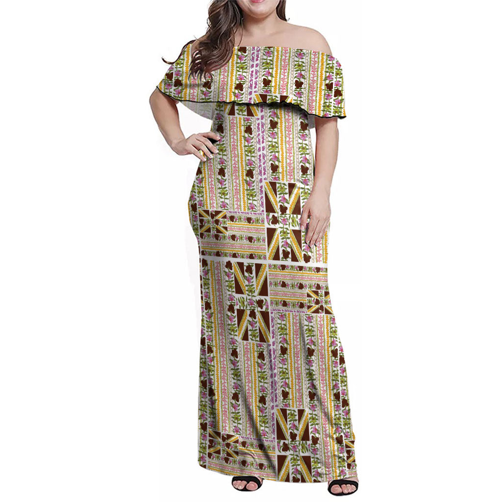 Hawaii Lokelani Pikake Lei Family Matching Off Shoulder Maxi Dress and Hawaiian Shirt Hawaiian Flag Motif LT9 Mom's Dress White - Polynesian Pride