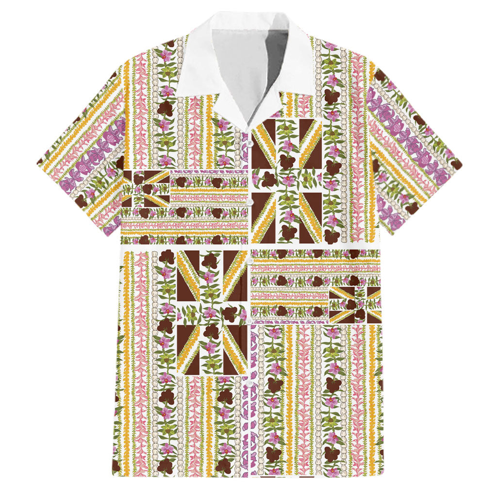 Hawaii Lokelani Pikake Lei Family Matching Off Shoulder Short Dress and Hawaiian Shirt Hawaiian Flag Motif LT9 Dad's Shirt - Short Sleeve White - Polynesian Pride