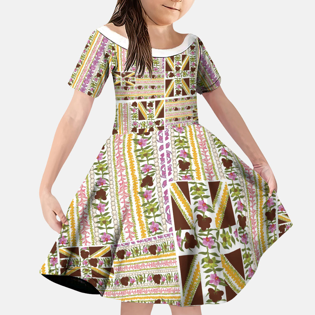 Hawaii Lokelani Pikake Lei Family Matching Puletasi and Hawaiian Shirt Hawaiian Flag Motif LT9 Daughter's Dress White - Polynesian Pride