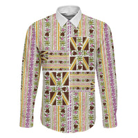 Hawaii Lokelani Pikake Lei Family Matching Puletasi and Hawaiian Shirt Hawaiian Flag Motif LT9 Dad's Shirt - Long Sleeve White - Polynesian Pride
