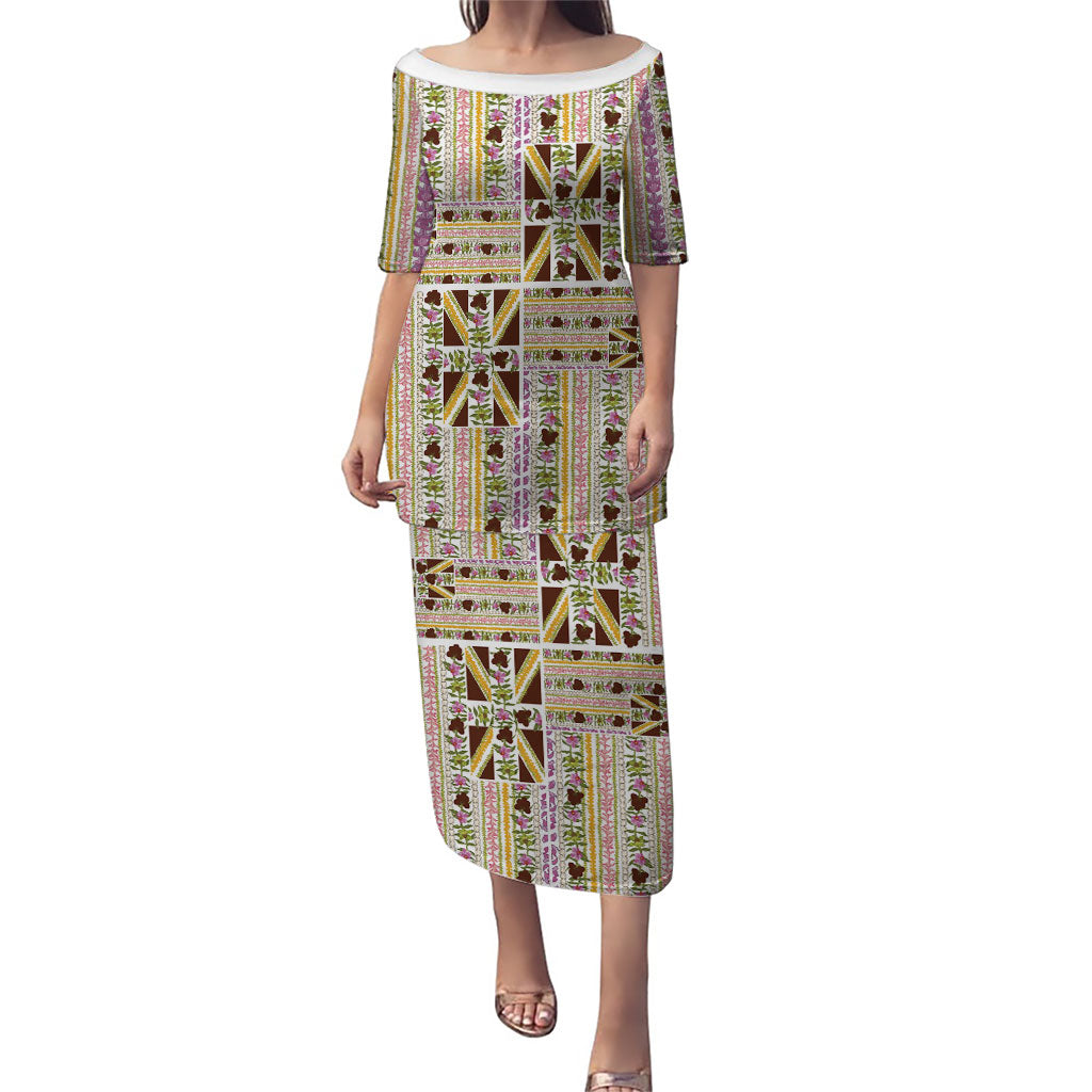 Hawaii Lokelani Pikake Lei Family Matching Puletasi and Hawaiian Shirt Hawaiian Flag Motif LT9 Mom's Dress White - Polynesian Pride