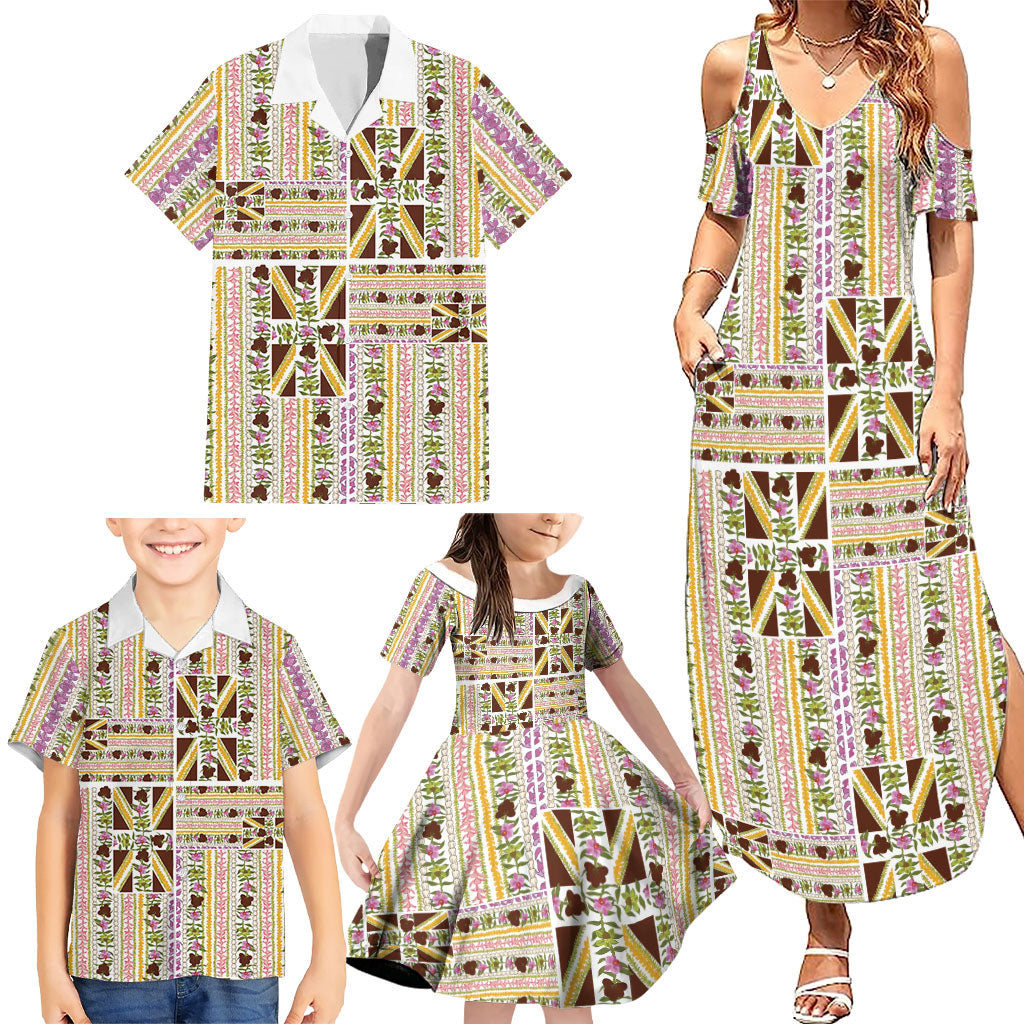 Hawaii Lokelani Pikake Lei Family Matching Summer Maxi Dress and Hawaiian Shirt Hawaiian Flag Motif