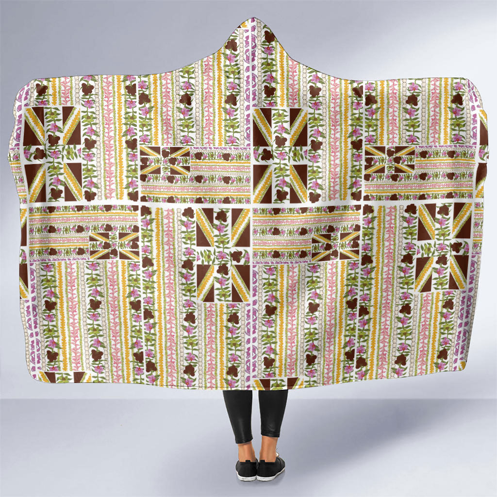 Hawaii Lokelani Pikake Lei Hooded Blanket Hawaiian Flag Motif