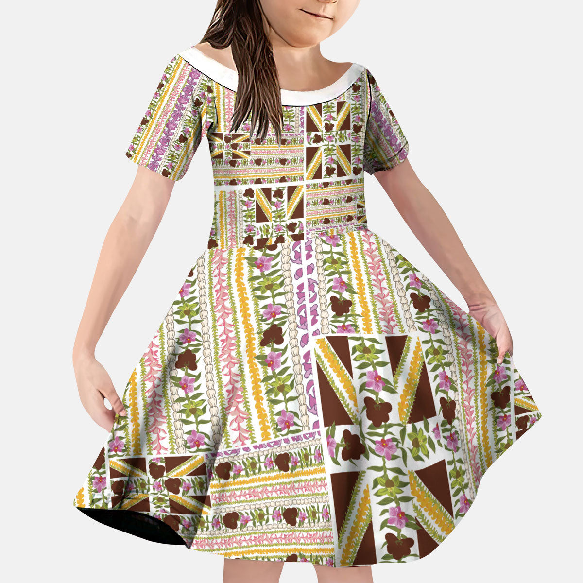 Hawaii Lokelani Pikake Lei Kid Short Sleeve Dress Hawaiian Flag Motif
