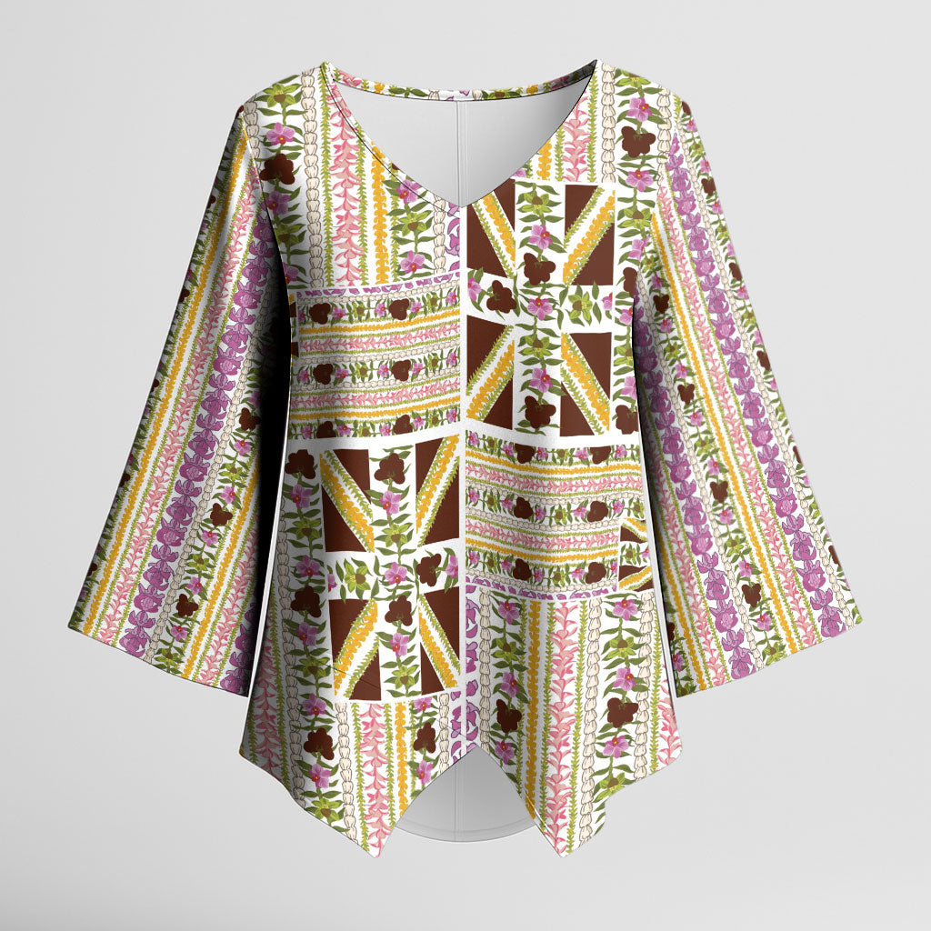 Hawaii Lokelani Pikake Lei Kimono Sleeve Blouse Hawaiian Flag Motif
