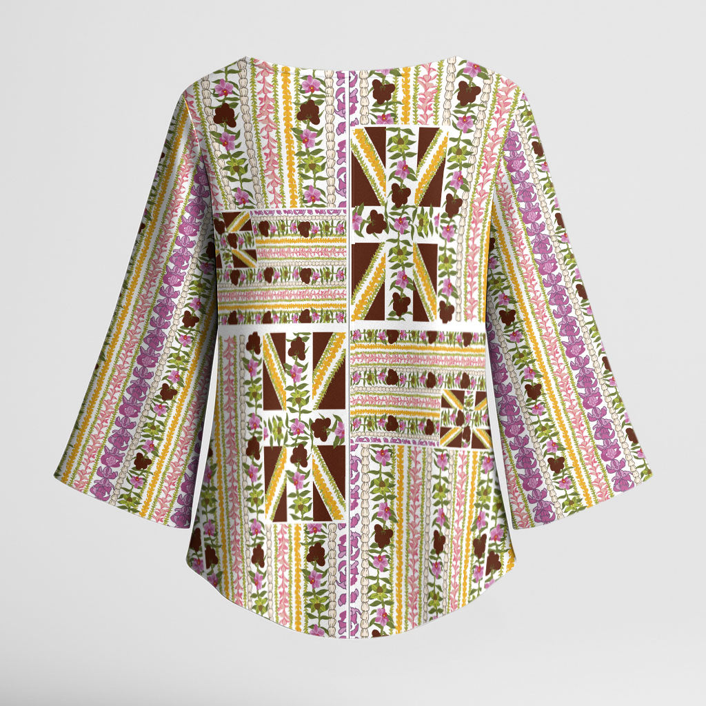Hawaii Lokelani Pikake Lei Kimono Sleeve Blouse Hawaiian Flag Motif