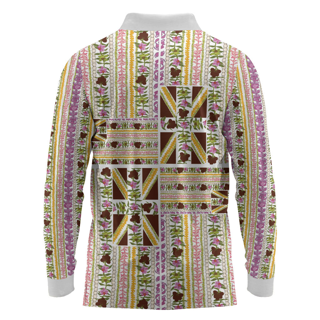 Hawaii Lokelani Pikake Lei Long Sleeve Polo Shirt Hawaiian Flag Motif